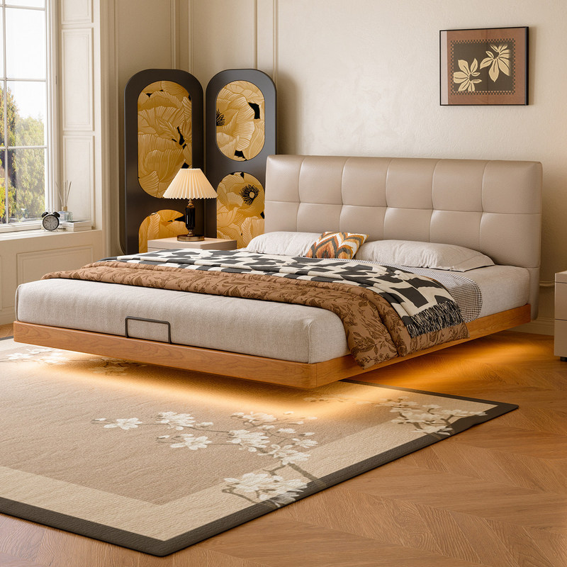 Jianye beech wood ultra-thin floating solid wood bed, small apartment mid-century style genuine leather bed, master bedroom flush-edge double bed Jianye beech wood ultra-thin floating solid wood bed, small apartment mid-century style genuine leather bed, master bedroom flush-edge double bed