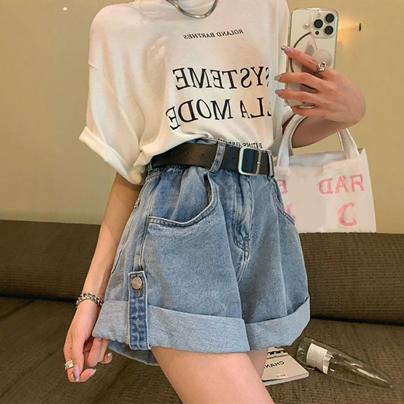 Pear-Shaped Body Shape, Rolled Hem Denim Shorts for Women, Summer Plus Size, High Waist, Hip-Covering, Slimming A-Line Wide-Leg Hot Pants, Trendy