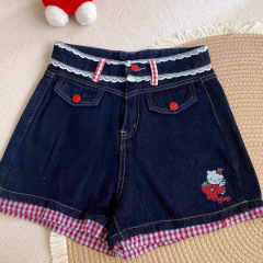 アメリカのホットガールデザイン猫刺繍デニムショートパンツ女性の夏のチェック柄レースステッチ弾性痩身パンツ