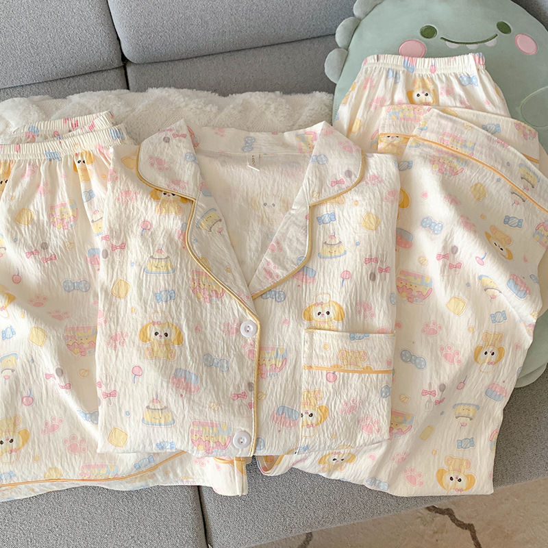 Pijamas de amor dulce de color, pantalones de manga corta de hilo de algodón de nube de verano para mujer, cárdigan de tres piezas, servicio a domicilio