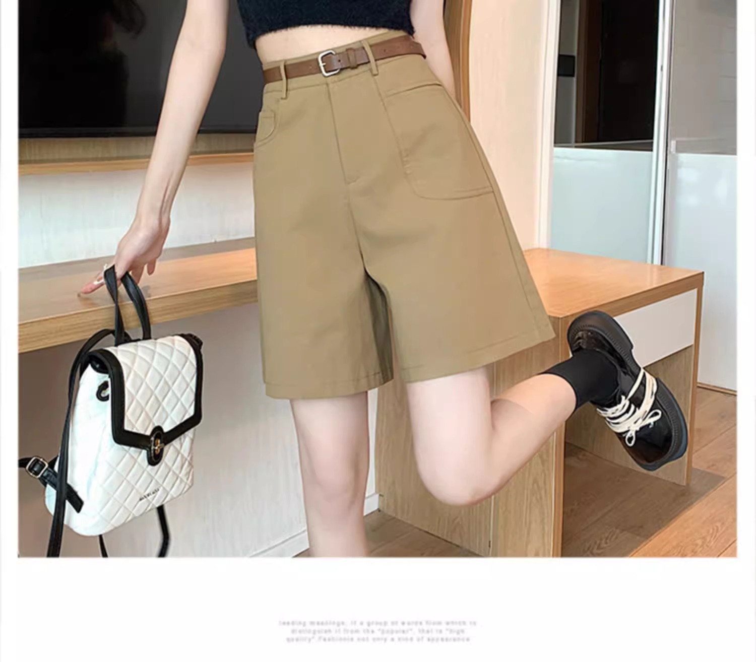 Quần short nữ cạp cao ống rộng dáng suông dài ngang đùi kiểu Hồng Kông — Màu đen chi tiết 19