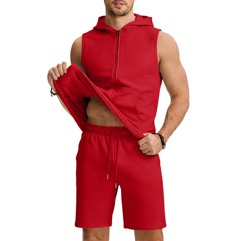 Men's Zip-Front Sleeveless Hoodie And Shorts Set Lightweight Athletic Gym Wear for Summer Workouts And Casual Street Style_viptrois.com