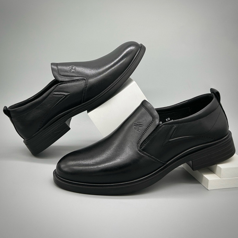 春秋季新款男士正装商务头层牛皮日常上班黑色一脚蹬休闲皮鞋男