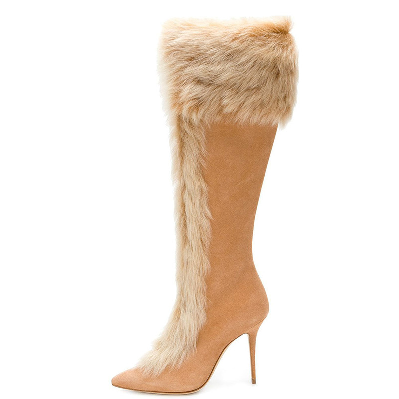 Women's High Heel Rabbit Fur Sweet Knee High Boots Winter Pointed Toe Thick Heel Long Boots Amazon Independent Station