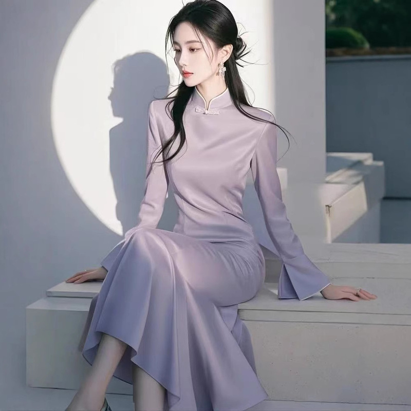 New Chinese Style National Style Improved Cheongsam High-end Sense Generous and Tacit Temperament Waist Purple dress Women's 2025 Spring