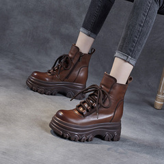 2022 Fall/Winter New Arrival Women's Boots: Genuine Leather, British Retro Style, High-Top Hidden Heel, Plus-Size Platform Ankle Boots