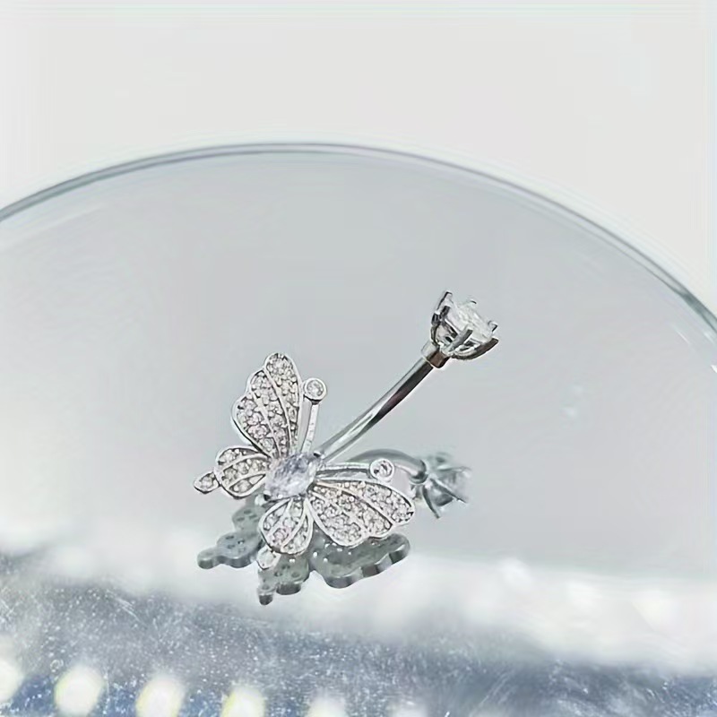 Gold Butterfly Belly Ring Stainless Steel Micro-Inlaid Zircon Belly Button Piercing Jewelry detail image 7