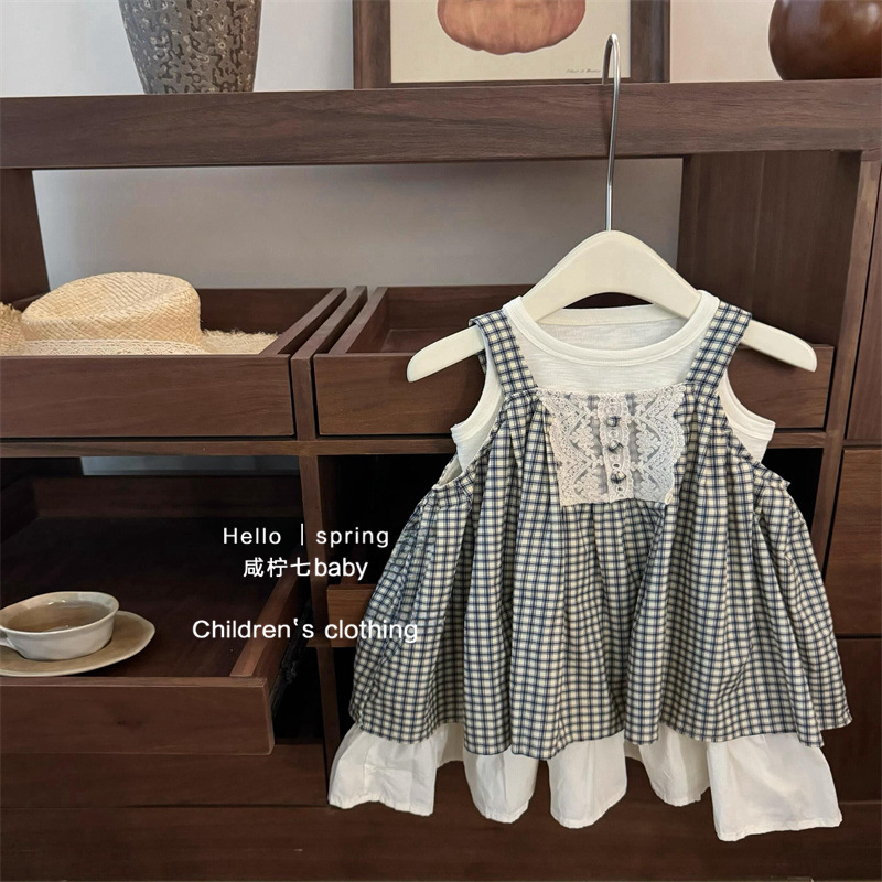 Qianqi niñas ropa infantil de mujeres Baoshan encaje suelto estilo extranjero pantalones de alta gama chaleco a cuadros