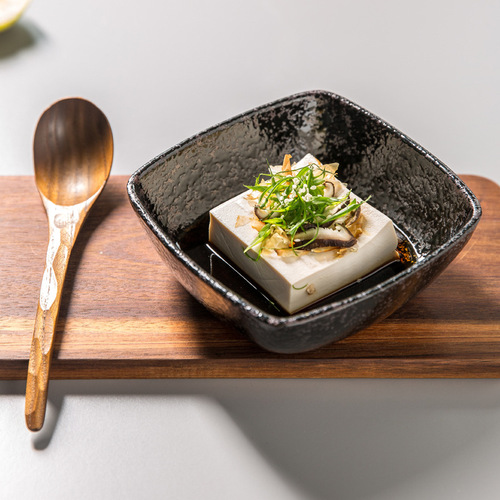 Japanese snowflake glaze black ceramic dining set including sushi plate, sake jug, cup, rice bowl, and meal plate set