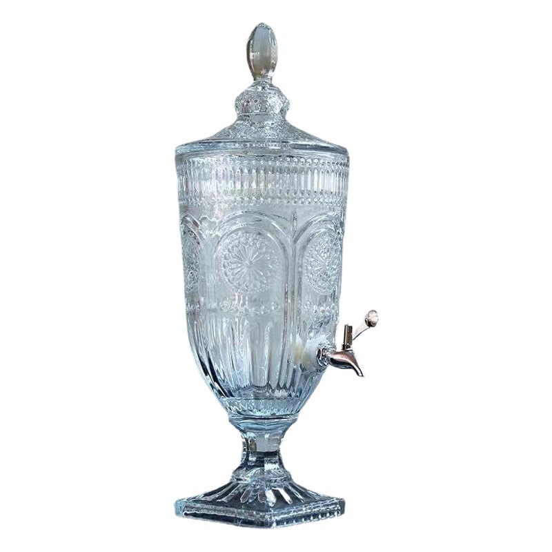 Botella de jugo de cristal repujado creativo con tapa y grifo de jugo de gran capacidad jarra de jugo de botella de agua fría transparente