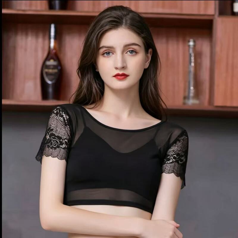 Black Short Versatile Inner T-Shirt Cover-Up Sheer Blouse Summer Women's Half-Length Mesh Base Shirt Lace Short Sleeve Black Short Versatile Inner T-Shirt Cover-Up Sheer Blouse Summer Women's Half-Length Mesh Base Shirt Lace Short Sleeve