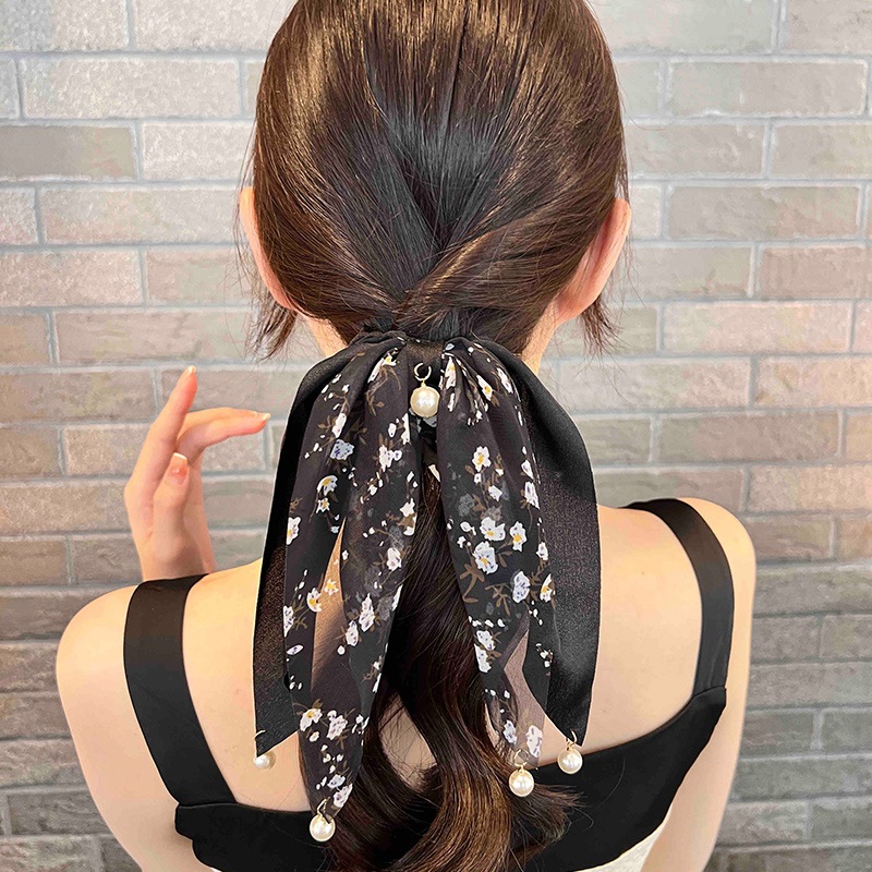 Arco elegante tocado de cabello de cola de caballo correa de correa de correa de cabello de mujer anillo de cabello colgante de perlas en cuerda de cabeza verano