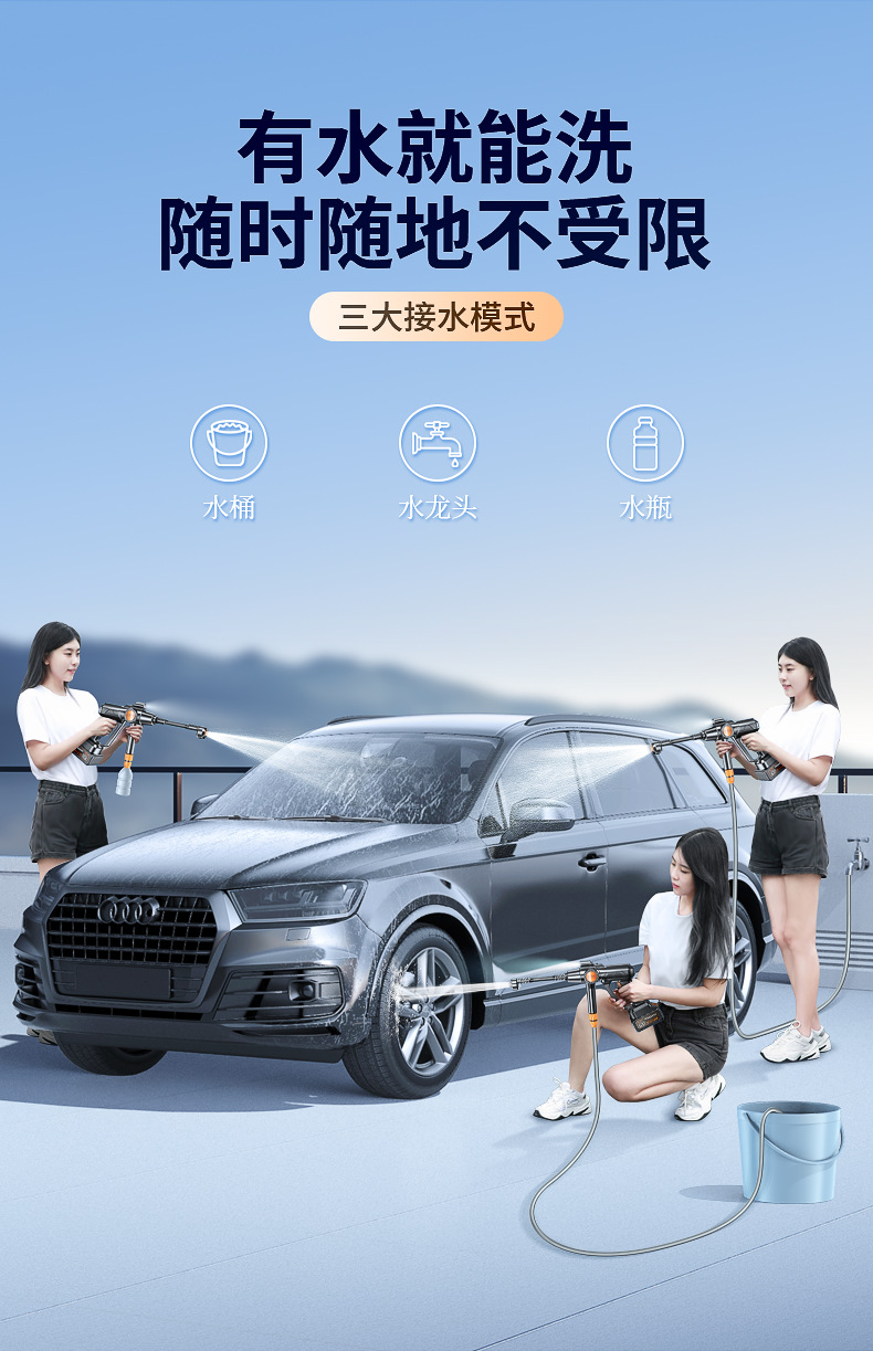 Wireless Car Washing Machine, High-Pressure Water Gun for Car Washing, Household Floor Cleaning, Electric Water Gun with Lithium Battery, Brushless Motor