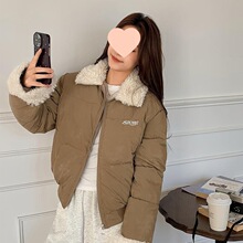 复古纯色字母刺绣羊羔毛拼接翻领棉衣外套女冬季防寒加厚羽绒棉服
