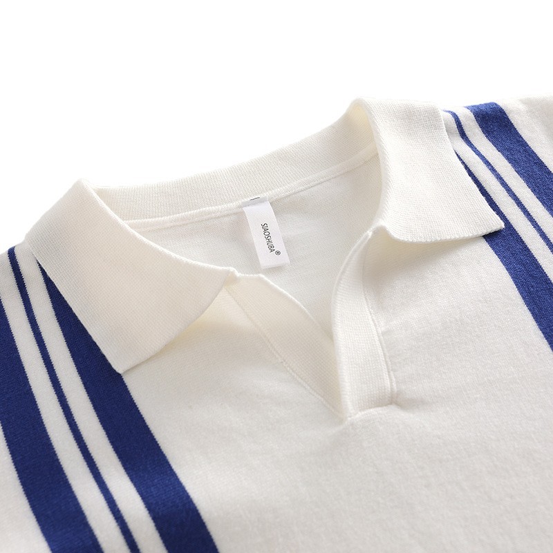 Otoño y invierno ligero maduro moda hombre con solapa suéter delgado tendencia de estilo británico rayas de color contrastante camisa polo de punto casual