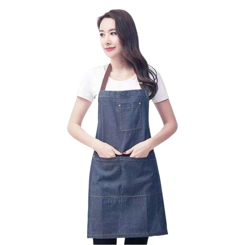 Amazon Denim delantal Halter azul denim moda estilo coreano adulto impermeable trabajo delantal impreso logo