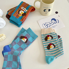 襪子女可愛條紋中筒襪卡通小眾設計學院風棉襪藍色長襪百搭批發