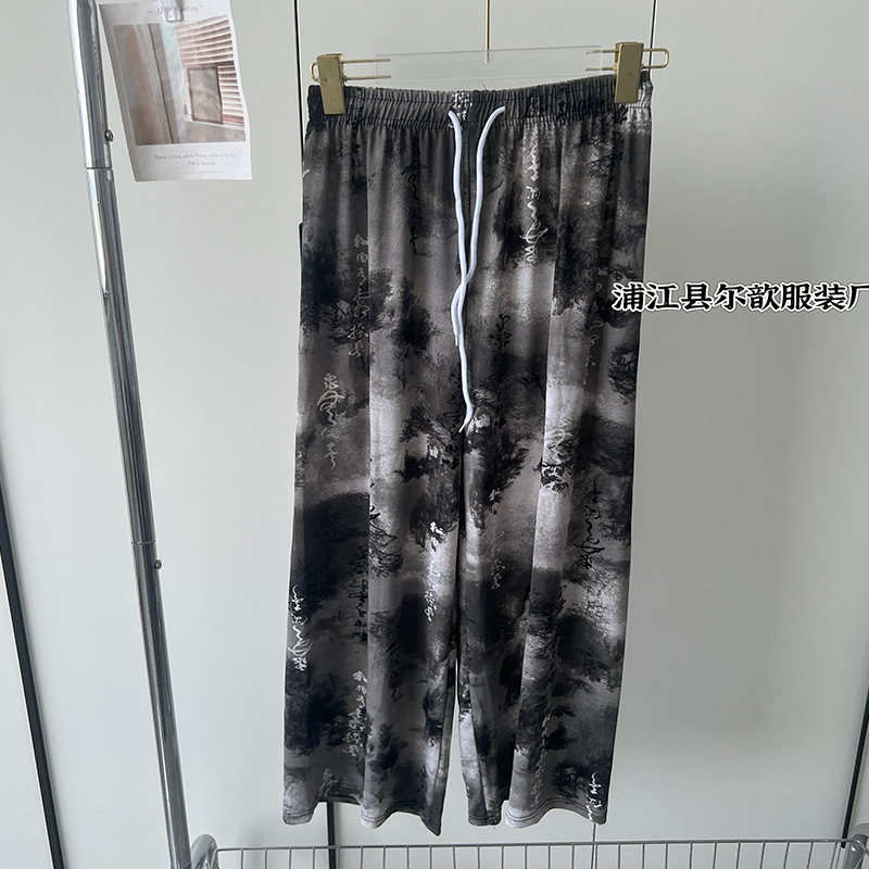Nueva pintura de tinta china, pantalones anchos de seda de hielo y nieve, pantalones de pierna ancha delgados de verano para niños, cintura alta, pantalones de pierna recta casuales delgados