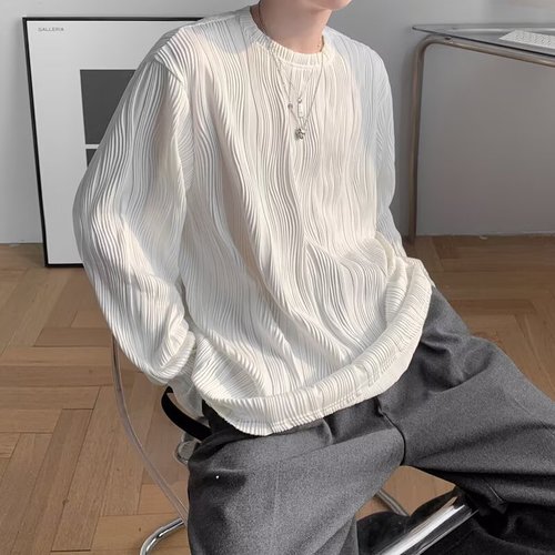 Men's Loose Pleated Texture Long Sleeve T-Shirt with Round Neck - Autumn Style, Korean Version, Casual and Trendy