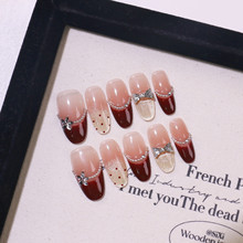 新款赫本风纯手工穿戴甲酒红色法式猫眼波点蝴蝶结精品美甲片批发