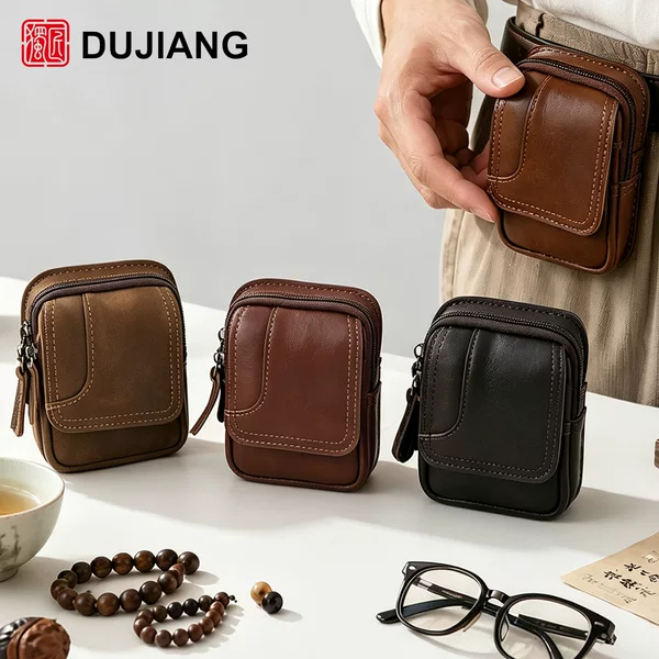 New top-layer cowhide waist bag, belt-worn waist pouch, multifunctional cross-border vintage mobile phone bag, and collectible storage bag