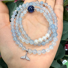 批发天然水晶海蓝宝珍珠蓝晶石鱼尾三圈手链时尚女款热销多圈手串