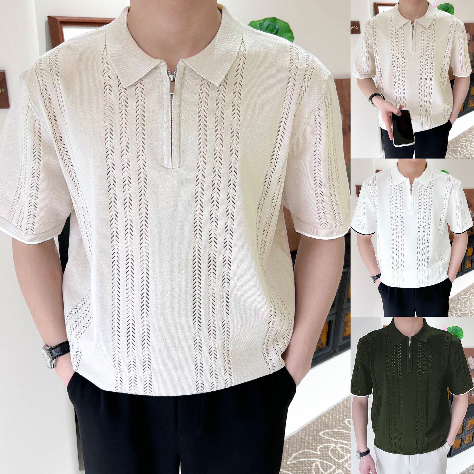 Polo camiseta de punto camiseta de manga corta hombre solapa medio cremallera hueso de pez hueco camiseta de hielo de verano fábrica transfronteriza al por mayor