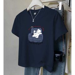 纯棉正肩短袖T恤女时尚百搭减龄藏青色高级设计感上衣夏季新款