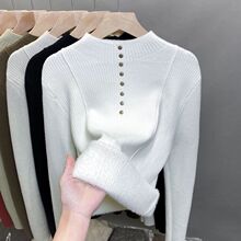 一体绒半高领毛衣女加绒加厚打底衫秋冬新款新品衫内搭上衣潮白色