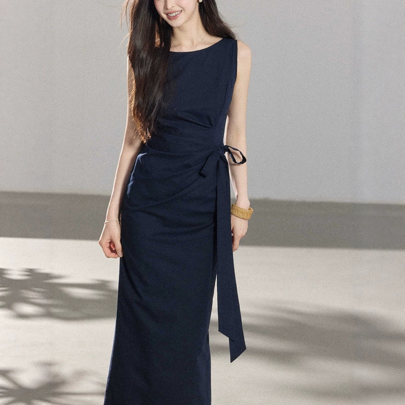 Elegant and Stylish Cotton-Linen Waist-Tie Dress for Women, Versatile for Work and Casual Wear Elegant and Stylish Cotton-Linen Waist-Tie Dress for Women, Versatile for Work and Casual Wear