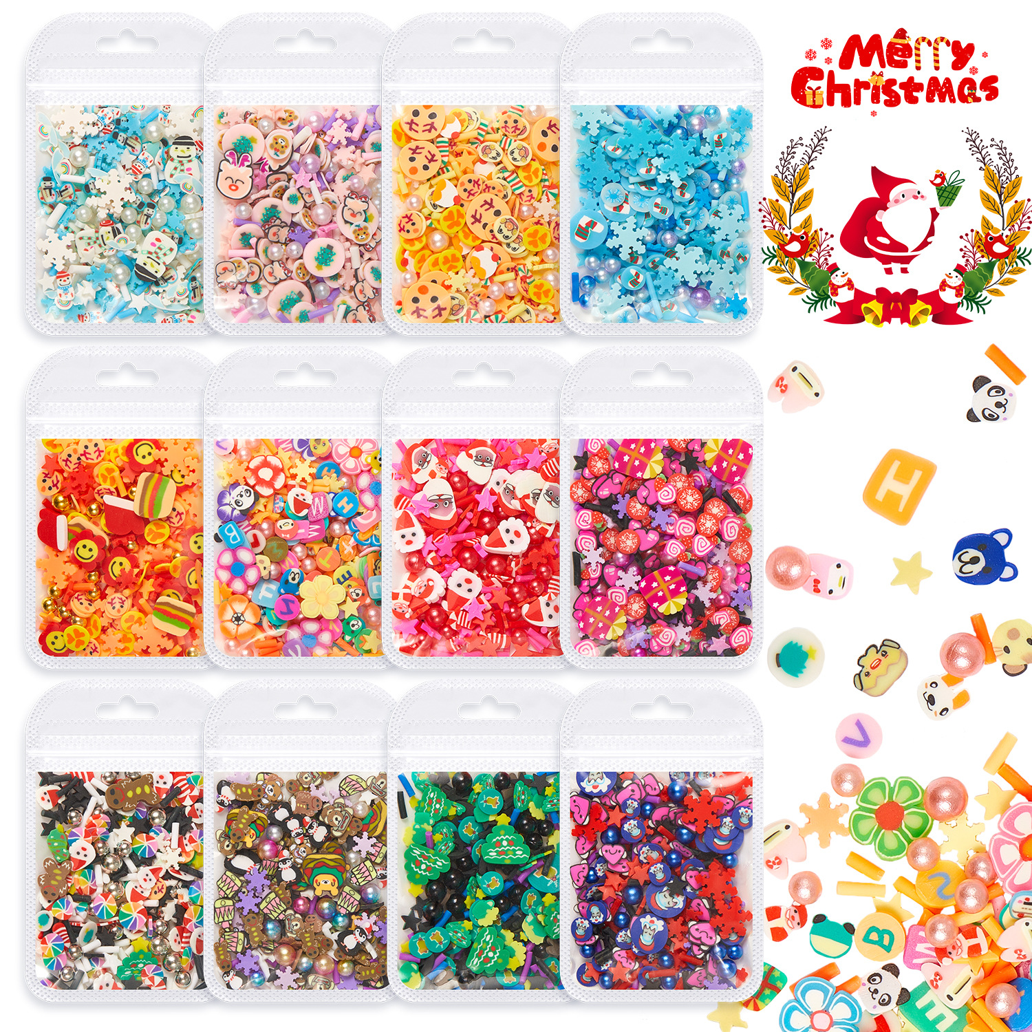 跨境圣诞节亮片软陶片圣诞老人圣诞树雪花史莱姆填充美甲饰品批发