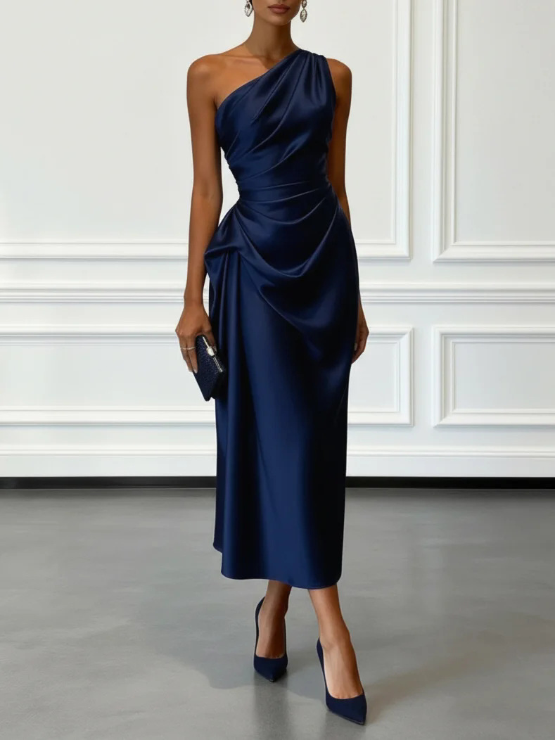2026 European And American Cross-border Foreign Trade New High-end Satin Pleated Waist-cinching Sleeveless Evening Dress_ecoleips.com