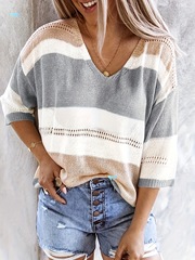 Women'S Casual V Neck Sweater Off Shoulder Striped Knit跨境