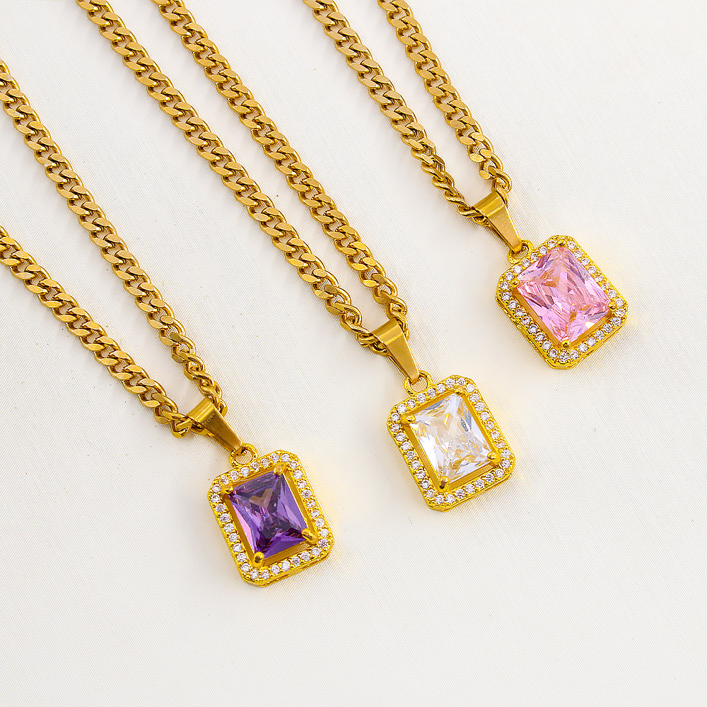 Retro Geometric Stainless Steel Zircon Pendant Necklace