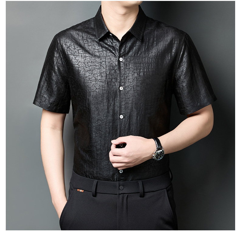 Áo sơ mi nam tay ngắn cổ bẻ chất lụa tơ tằm cao cấp họa tiết vân rùa — Đỏ HT5906 chi tiết 17