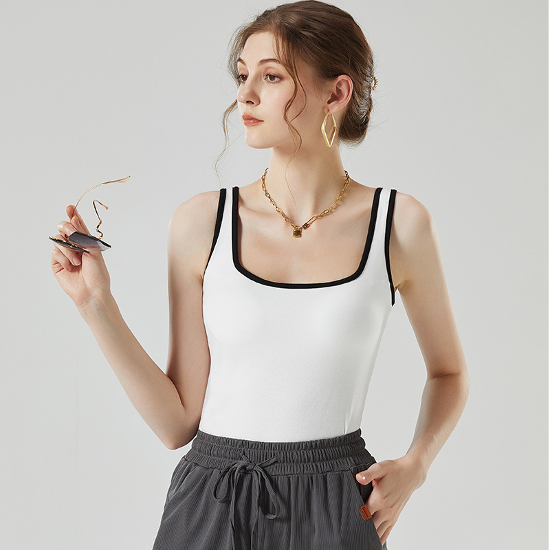 2025 New Vest Women's Summer with Chest Pad Inner Slim-fit Beautiful Back Top Wear-free Bra Contrast Color Base Shirt Long