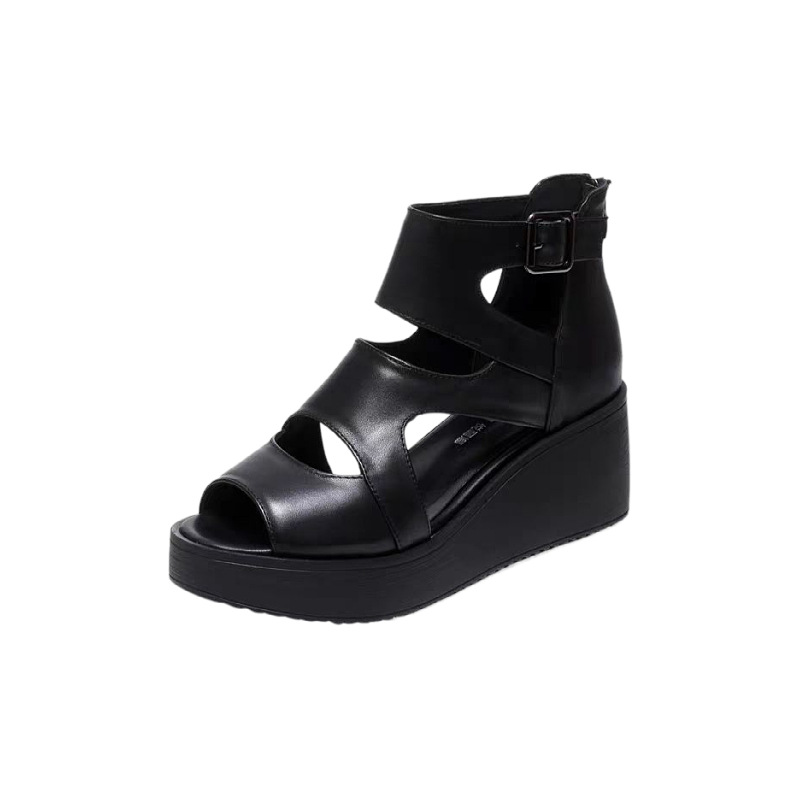 2024 primavera y verano sandalias de tacones altos muffins sandalias de suela gruesa tacones de pez boca zapatos de mujer huecos zapatos romanos transpirables
