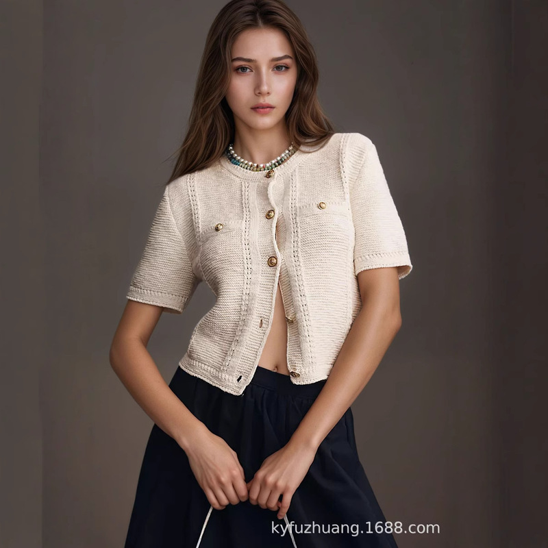 2025 foreign trade wholesale summer new European and American women's front buckle small fragrant style round neck knitted short sleeve cardigan sweater