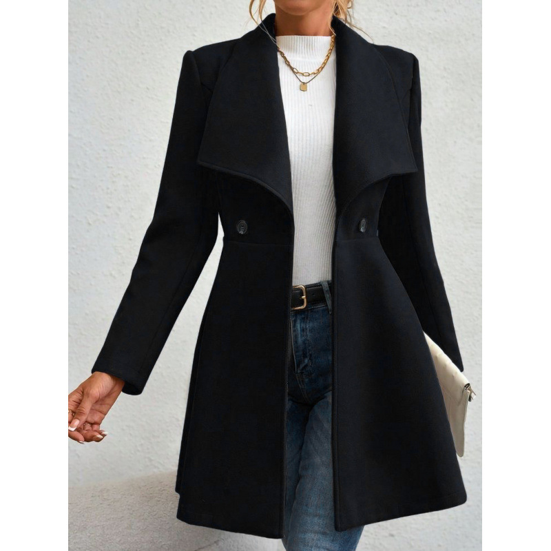 A Stylish Long Woolen Coat With A Fitted Collar For Autumn And Winter, Featuring A Fashionable Turned-Down Collar For Wo_ecoleips.com