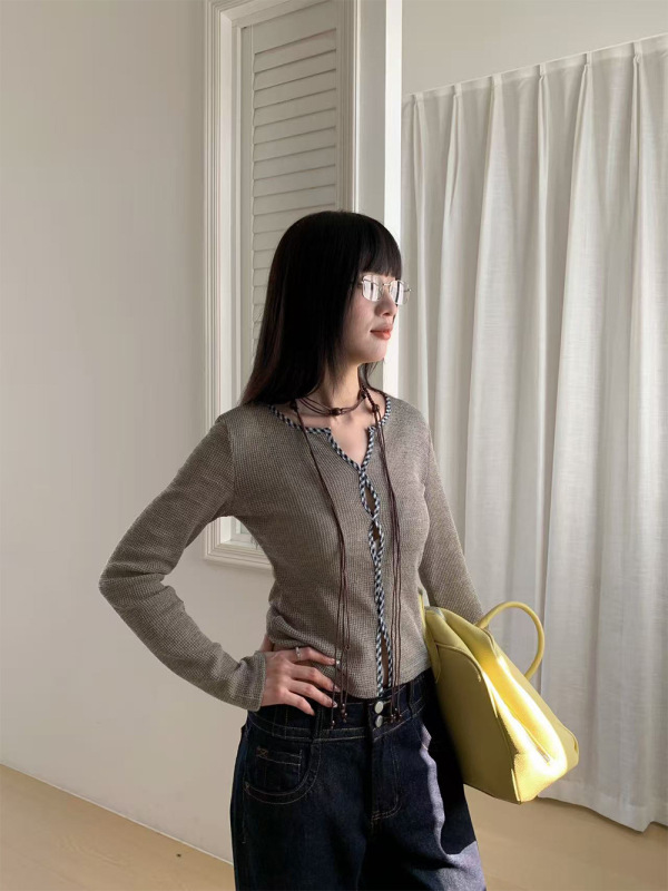 誉一新款2025秋季格纹拼色扭结针织衫女别致显瘦 长袖上衣女c6825|undefined