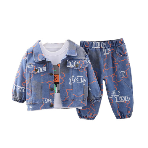 Spring and Autumn New Denim Cardigan Jacket Children's Trendy Suit Boys and Girls Jeans Three-piece Set Wholesale Shipping