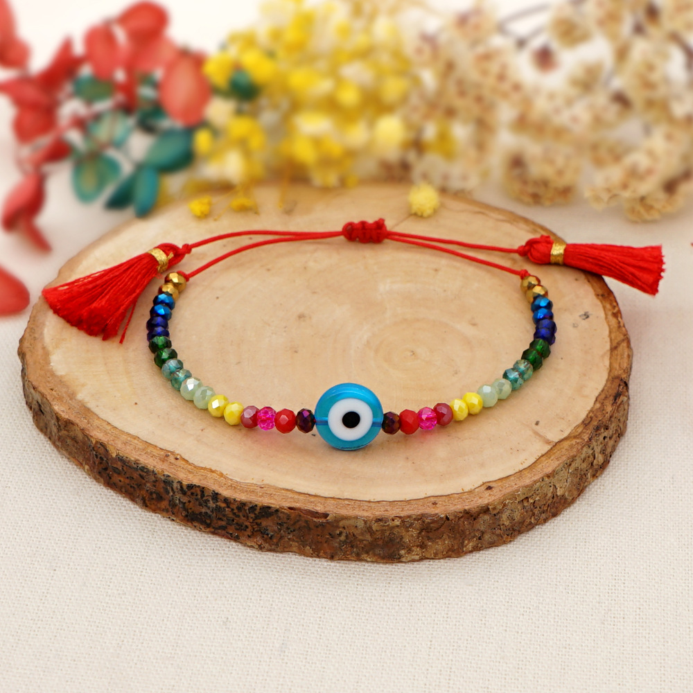 Simple bohemian ethnic style colored glaze blue eye beads rainbow crystal beaded tassel couple small braceletpicture1