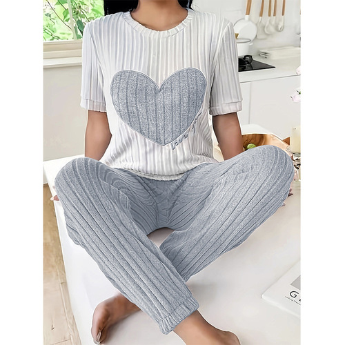 Sweet Heart Women's Set Autumn Style Crew Neck Short Sleeve Pants Two-Piece Comfort Pajamas Fashion