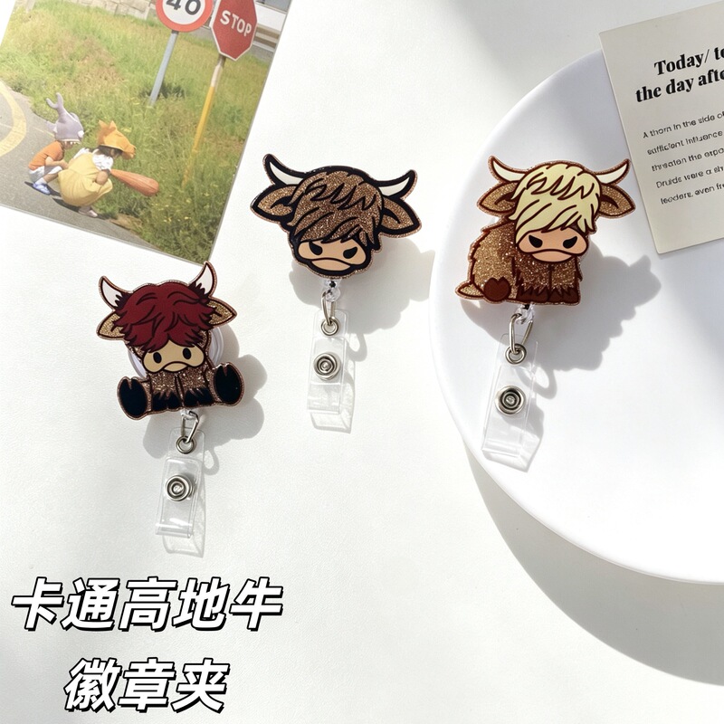 Wholesale In-Stock Highland Cow Retractable Badge Holder Nurse Id Card Holder Glitter Scottish Cow Cartoon Style Wholesale In-Stock Highland Cow Retractable Badge Holder Nurse Id Card Holder Glitter Scottish Cow Cartoon Style