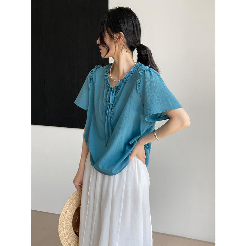 Korean-Style Youthful Sweet Lace Patchwork Women's V-Neck Loose Slimming Tie Shirt C652