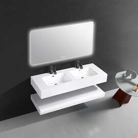 新款酒店卫生间一体台面洗手盆挂墙式浴室柜双盆组合柜洗脸洗漱盆