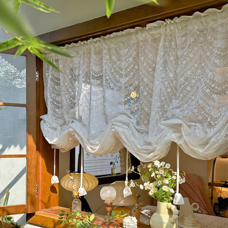 French Cream Style Lace Yarn Lift Curtain Korean Style Princess Pastoral European Style Non-Punch Lifting Curtain for Bedroom Bay Window