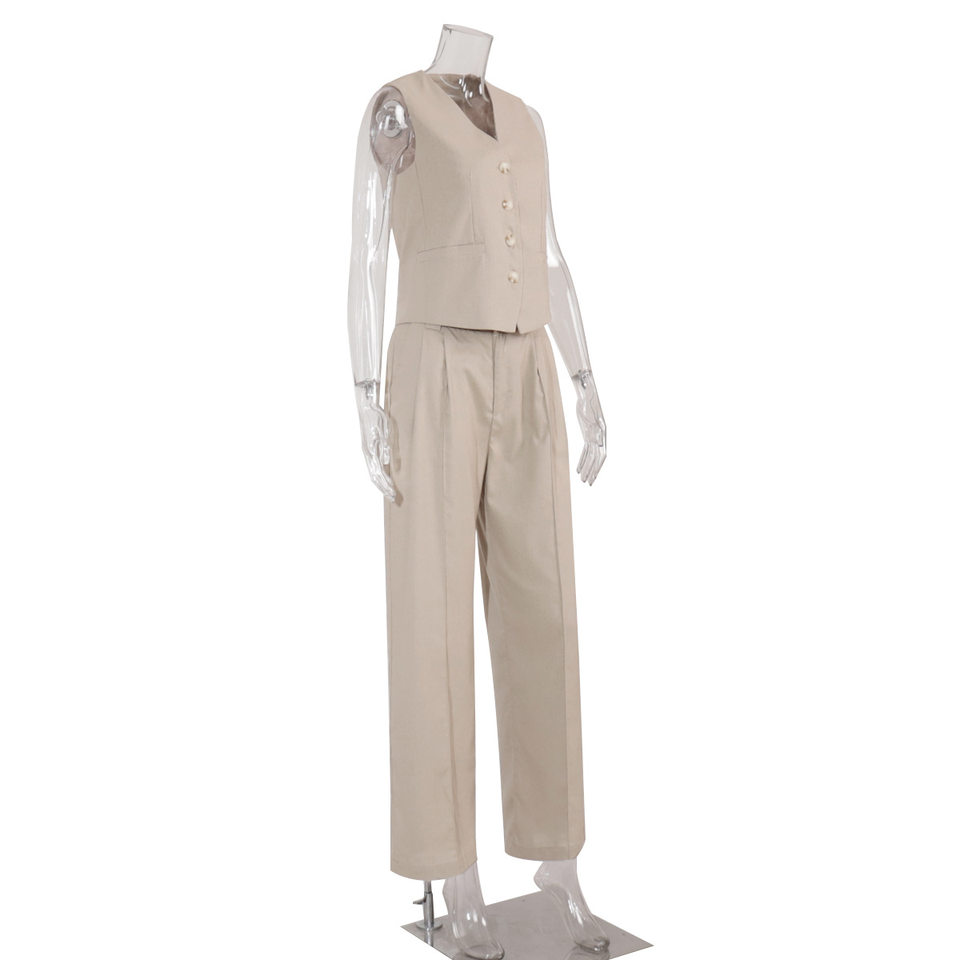 Bộ vest nữ hai mảnh áo vest không tay kèm quần cạp thấp phong cách hiện đại — Kaki, Màu cam, Màu đen chi tiết 3