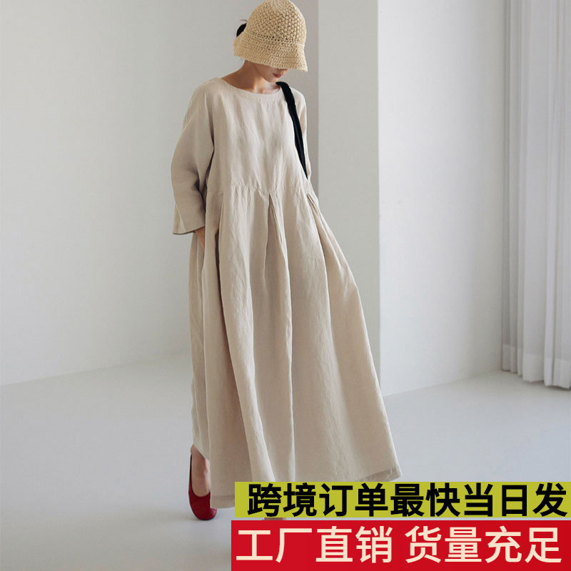 Japanese and Korean 2026 Summer New Large Size Loose Cotton-Linen Pullover Round-Neck Over-The-Knee Long Dress College Style Mori Girl Dress