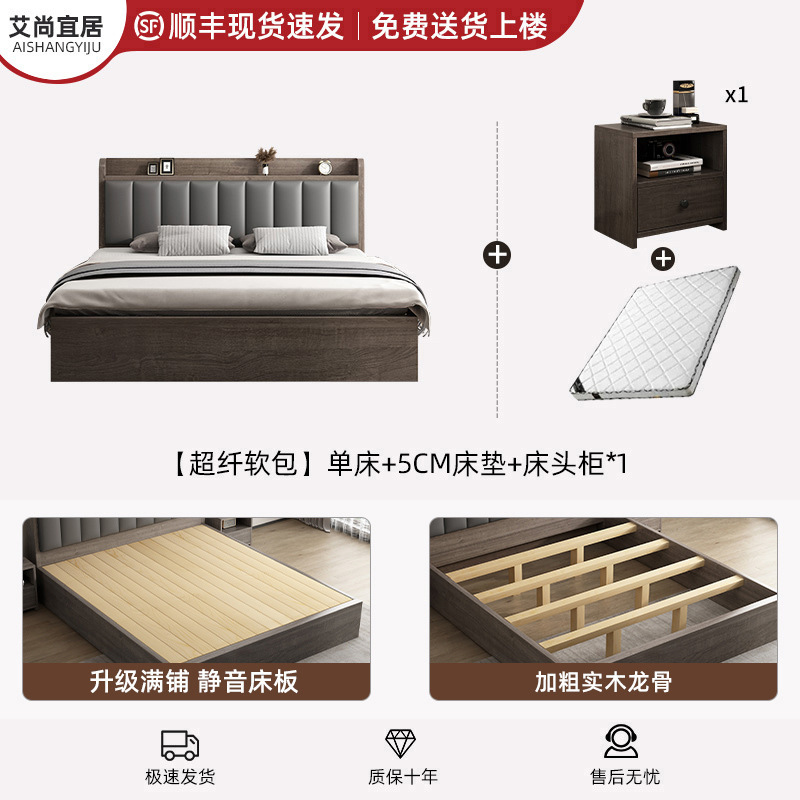 实木床现代简约1.5米床双人床家用1.8新款储物床出租房用单人床架|undefined